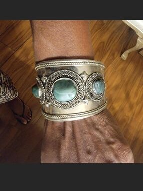 Silver Cuff Bracelet with Green Stone Accents